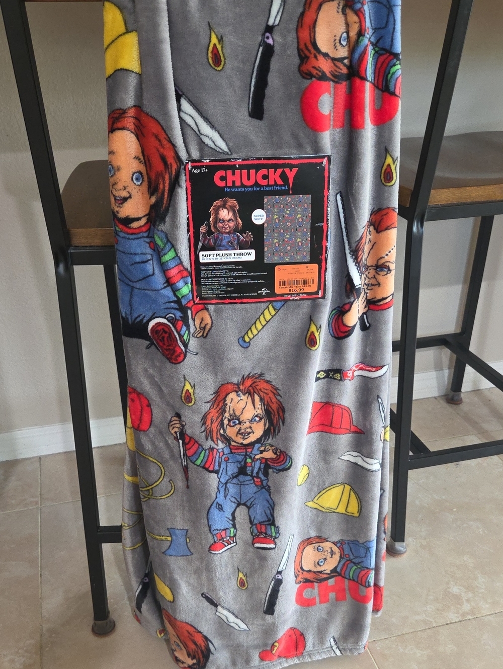 Chucky Plush Throw Blanket - Grey with Multicolor Chucky Print